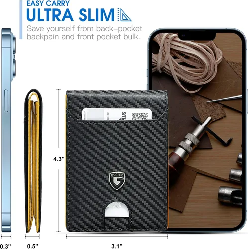 Miniatura 3 de GSOIAX Billetera delgada para hombre con bloqueo RFID, carteras plegables para hombres, minimalista, de piel auténtica, fibra de carbono, tarjetero