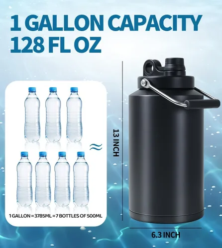 Miniatura 2 de Jarra de Agua de Galón, Botella de Agua Aislada, Jarra de 1 Galón con Asa, Botella de Agua Grande de Acero Inoxidable de 128 oz de Boca Ancha