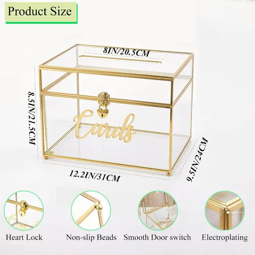 Miniatura 2 de Caja de tarjetas de boda con cierre de corazón, caja de tarjetas de vidrio de metal grande con marco dorado para recepción de fiestas, bodas, baby