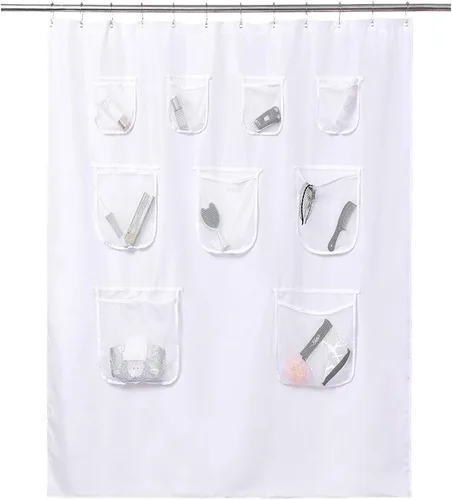 Miniatura 10 de Mrs Awesome Cortina de Ducha de Tela Gris o Forro con 9 Bolsillos de Malla, 72 x 72 pulgadas, Impermeable, Lavable y con Ojales Resistentes al