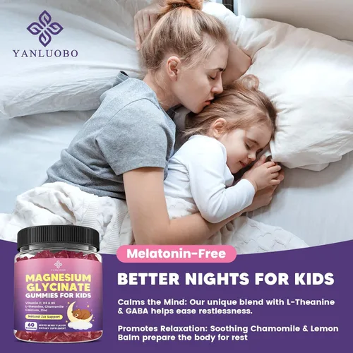 Miniatura 7 de Gomitas de magnesio para niños, gomitas de glicinato de magnesio 400 mg/200 mg con L-teanina, manzanilla, vitamina B6, D3 para niños, relajación