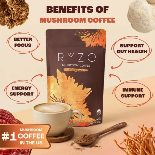 Miniatura 3 de RYZE SUPERFOODS Café de tostado medio de hongos orgánico USDA con 6 hongos adaptogénicos, café instantáneo cultivado en Estados Unidos para una