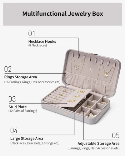 Miniatura 4 de Vlando Joyero de viaje para mujer, caja organizadora de joyas de cuero portátil para collares, aretes, anillos, pulseras, tamaño pequeño, regalos