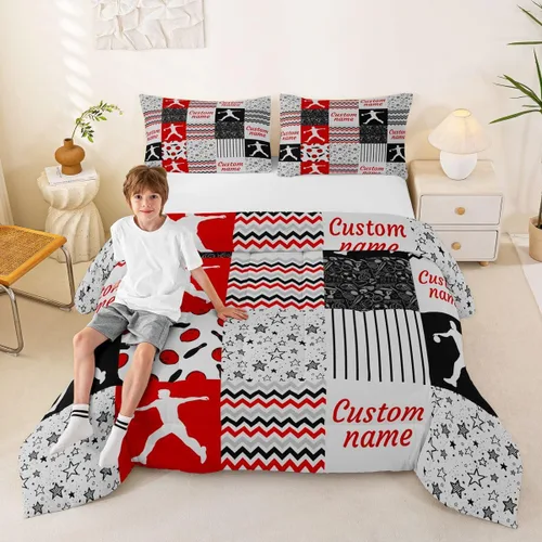 Miniatura 70 de Juego de edredón de softbol personalizado, juego de ropa de cama de retazos a cuadros para niños y niños, edredón de bate de béisbol, juego