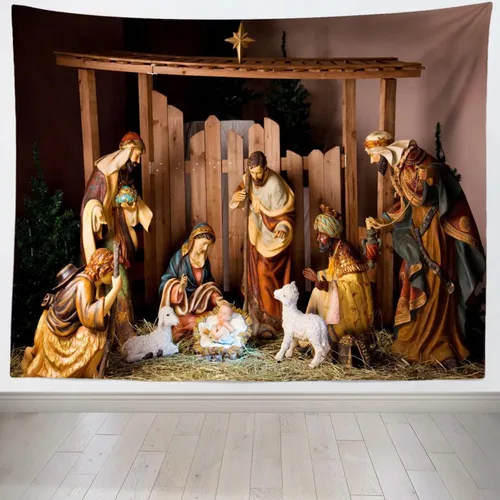 Miniatura 6 de Loccor Tapiz de escena del Nacimiento de Navidad, escena del pesebre, figuras de Jesús, Virgen María, tapiz para colgar en la pared, arte de pared
