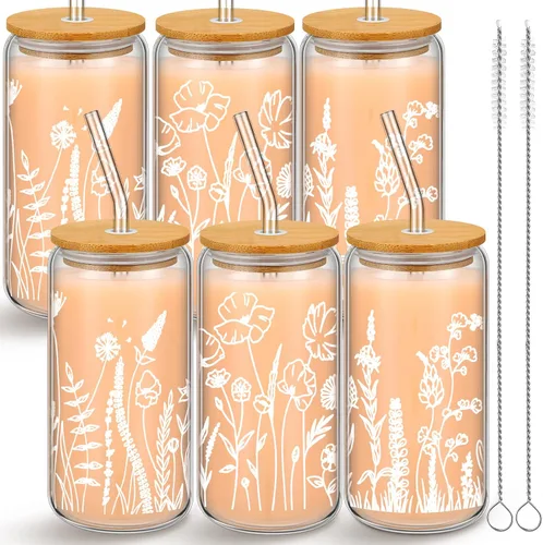 Miniatura 7 de Bokon 3 tazas de vidrio para regalo de dama de honor de 16 onzas, tazas de café helado floral con tapas de bambú y cepillo para pajitas, lindos