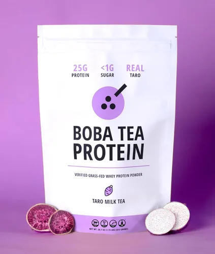 Miniatura 6 de Taro Milk Tea 25g Proteína aislada de suero alimentado con pasto en polvo Bebida de proteína de té de burbujas sin gluten y sin soja