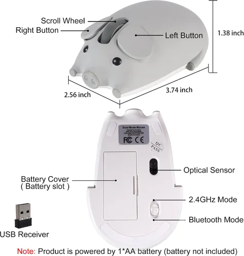 Miniatura 7 de Ratón inalámbrico Bluetooth y modo dual de 2.4 GHz, lindo ratón con forma de cerdo animal con receptor USB, 1200 DPI, ratón óptico de viaje portátil