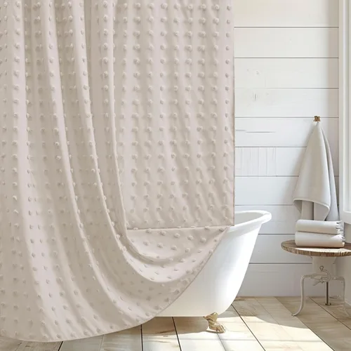 Miniatura 12 de Siiluminisoy Cortina de ducha pequeña bohemia de tela tejida, bonita cortina de ducha beige, 36 x 72 pulgadas, con pliegues mechonados, floral