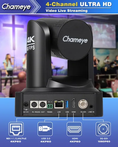 Miniatura 5 de Chameye Cámara PTZ NDI 4K 60FPS NDI, cámara de transmisión en vivo con seguimiento automático AI, compatible con salida 4K 60fps NDI HX3, zoom Negro
