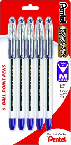 Pentel R.S.V.P. Bolígrafo de punta de bola, línea media, tinta violeta, paquete de 5 (BK91BP5V)