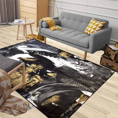 Miniatura 3 de TOMWISH - Alfombra abstracta pintada a mano en blanco y negro con pintura dorada, sala de estar, dormitorio, decoración de suelo, alfombra