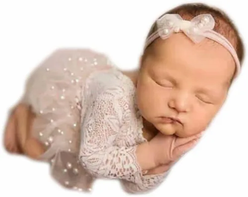 Traje de fotografía para bebé, traje de encaje para recién nacido, sesión de fotos, diadema de flores, disfraz de princesa Blanco B