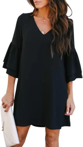 BELONGSCI Vestido de verano 2024 para mujer, dulce y lindo, con cuello en V, manga acampanada, mini vestido, perfecto para bodas o graduaciones
