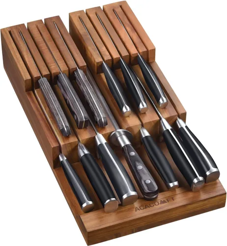 Bloque de cuchillos en el cajón, organizador de cuchillos de cocina de madera de acacia, soporte para cuchillos sin cuchillos para hasta 12