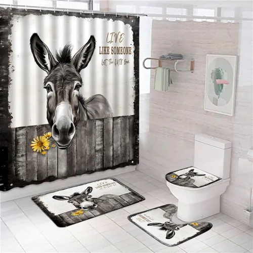 Juego de 4 cortinas de ducha con diseño de burro divertido, bonito diseño de animales de granja, granja, tablero de madera vintage, cubierta de tapa