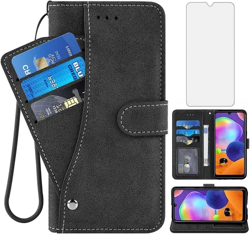 Asuwish Compatible con Samsung Galaxy A31 - Funda tipo cartera y protector de pantalla de vidrio templado, soporte para tarjetas de crédito, correa