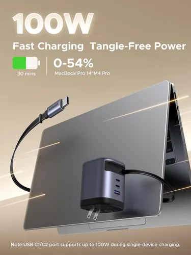 Miniatura 3 de UGREEN Nexode - Cargador retráctil USB C de 100 W GaN con cable integrado, adaptador de pared de carga rápida de 3 puertos para laptop, MacBook
