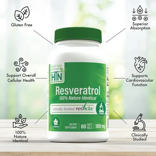 Miniatura 2 de Health Thru Nutrition Resveratrol como ResVida 100mg Trans-Resveratrol Apoya el envejecimiento saludable, la producción de energía celular