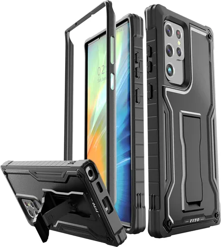 FITO Funda para Samsung Galaxy S22 Ultra, funda resistente a prueba de golpes de doble capa, soporte integrado (negro)