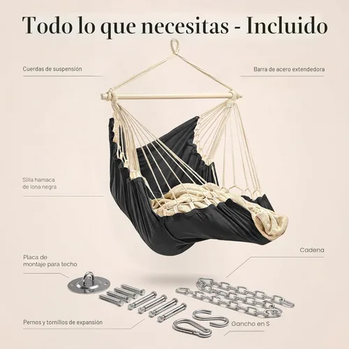 Miniatura 6 de Silla colgante hamaca columpio – Silla colgante para exteriores e interiores – Silla columpio hamaca – Instalación rápida y fácil con kit de Negro