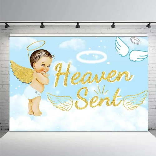 Miniatura 3 de Bonito telón de fondo para fiesta de baby shower, de 7 x 5 pies, cielo azul claro, nube blanca, ángel dorado, decoración de alas doradas, regalo