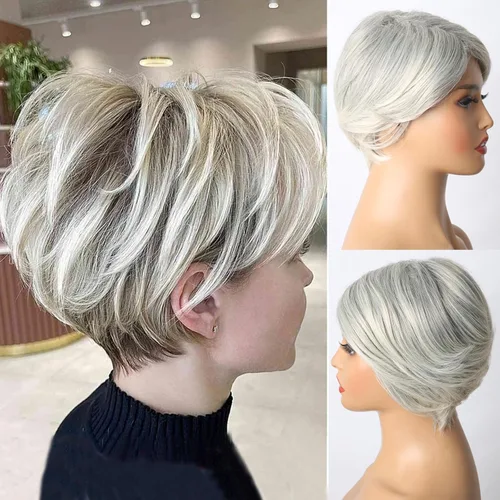 Miniatura 2 de Aisaide Peluca Corta de Corte Pixie Gris Platino con Flequillo de Cortina Bob para Mujeres - Peluca Sintética con Raya Lateral Despeinada