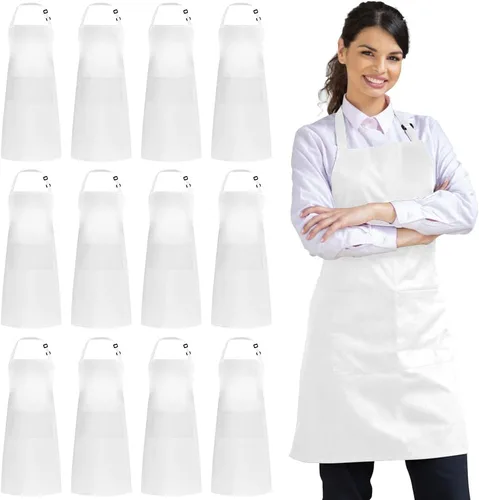 Miniatura 8 de Syntus Paquete de 12 delantales con peto, delantales unisex, ajustables, resistentes a las gotas de agua, con 2 bolsillos, delantal de cocina