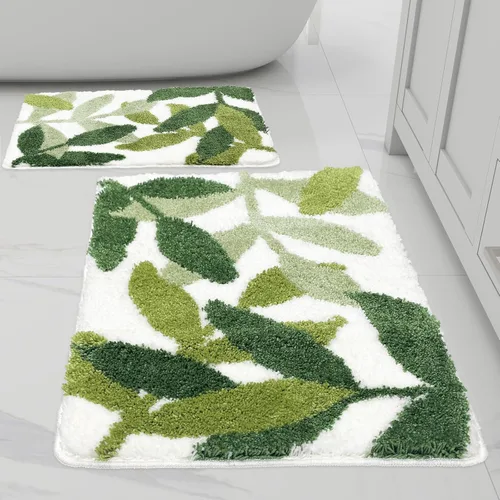 Miniatura 2 de Alfombras de baño – Juego de 2 alfombras de baño verdes, antideslizantes, absorbentes de agua, juego de 2 alfombras de baño de hojas