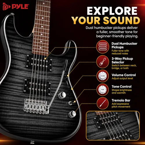 Miniatura 5 de Pyle Kit de guitarra eléctrica con amplificador, instrumento de tamaño completo con pastillas Humbucker, amplificador de guitarra eléctrica y Negro