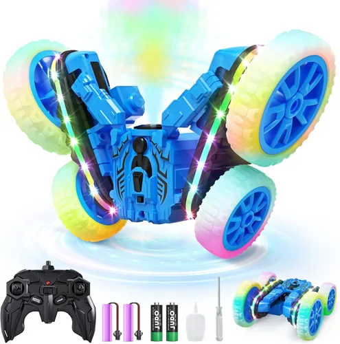 Miniatura 8 de Jimdella - Autos RC, juguetes de autos RC, transformador de control remoto 2-en-1 4WD con spray y luces LED, camión de acrobacias todoterreno