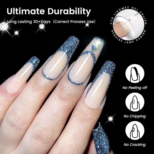 Miniatura 2 de YTD Likomey - Esmalte de uñas de gel con purpurina reflectante, 0.5 fl oz (15 ml), color negro con destellos de diamante, tono azul oscuro