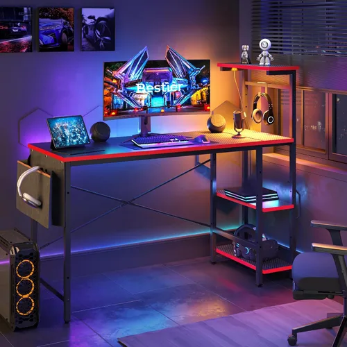 Miniatura 14 de Bestier Escritorio para juegos con tomas de corriente, escritorio LED grande de 61 pulgadas con estantes reversibles de 4 niveles, mesa