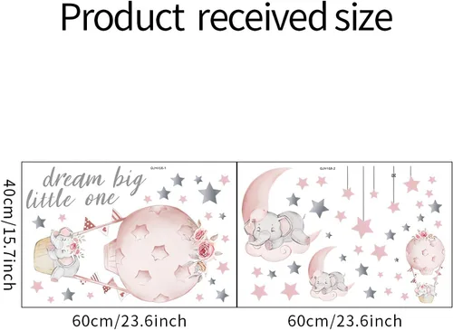 Miniatura 7 de Adhesivo de pared grande con diseño de elefante y elefante rosa durmiendo, sacinora Moon and Stars, vinilo extraíble para niños, guardería