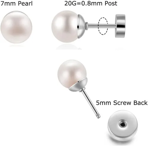 Miniatura 12 de Pearl Stud Earrings for Women,Flat Screw Back Pearl Helix Earrings Cartilage Earrings 316L Surgical Steel Piercing Jewelry Gift(7,8,9,10mm Pearl)