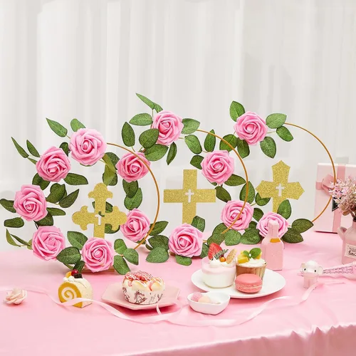 Miniatura 3 de Wesiti 48 piezas Centro de mesa para bautizo, decoración de mesa para primera comunión, 12 cruces de madera, 12 aros florales con soporte, 24 rosas