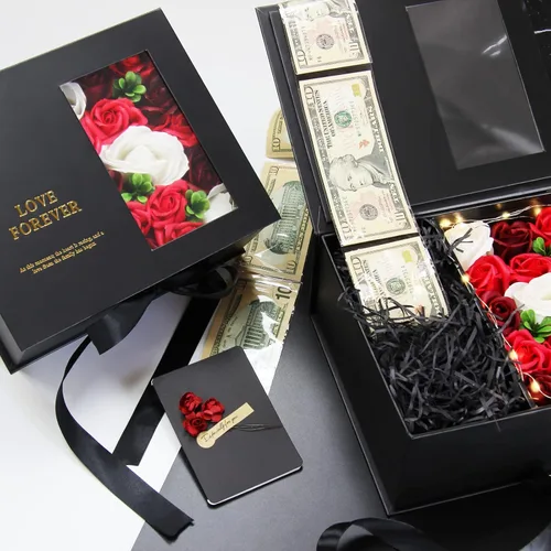 Miniatura 5 de Caja de dinero para regalo en efectivo - Caja de regalo de flores de lujo con tirador de dinero y tapa con flor y lazo, caja de regalo única