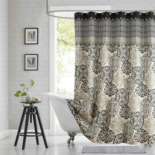 Miniatura 10 de Cortina de ducha larga de tela, cortinas de ducha de damasco bohemio con estampado de paisley en vino burdeos y oro amarillo, cortinas impermeables