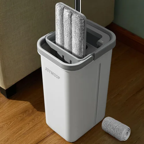 JOYMOOP Sistema de trapeador plano y cubo de microfibra, trapeadores para limpieza de suelos y limpiador de paredes, madera dura, azulejos, Blanco