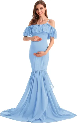 Miniatura 13 de MYRISAM Vestido de maternidad con volantes y hombros descubiertos para mujer, vestido de fiesta de sirena de gasa, vestido ajustado