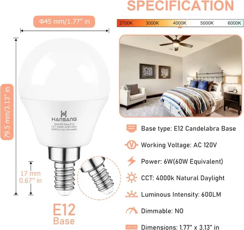 Miniatura 4 de Bombilla LED E12 para ventilador de techo, bombilla LED de 4000 K, luz diurna natural, bombilla LED equivalente a 60 W, bombillas Hansang para Luz