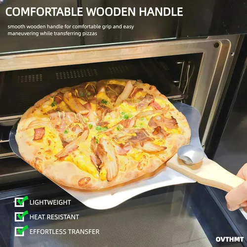 Miniatura 2 de Accesorios para Horno de Pizza 4 PCS, Kit de Pizza, Pala de Pizza de Aluminio con Mango de Madera Plegable, Cortador de Pizza, Cuchilla Balancín