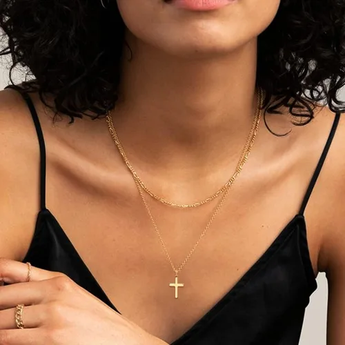 Miniatura 2 de Aisansty Gargantilla en capas con dije de barra de disco, hecha a mano, chapado en oro de 14 quilates, delicado collar de perlas satélite, collar