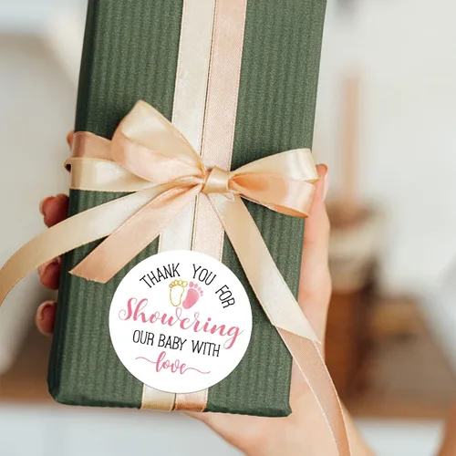 Miniatura 7 de Calcomanías rosadas para baby shower, gracias por duchar a nuestro bebé con amor, recuerdos de baby shower para niñas, 2 pulgadas, paquete de 50