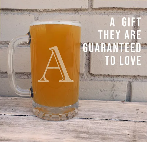 Miniatura 2 de Taza de cerveza de vidrio con monograma grabado de 16 onzas (letra A), regalos de cerveza personalizados de la A a la Z para hombres, Día del Padre