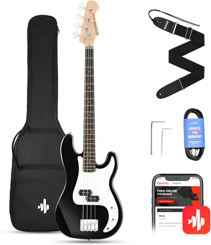 Donner Guitarra eléctrica de bajo de 4 cuerdas tamaño completo estilo estándar PB para principiantes color negro para principiantes con lección en