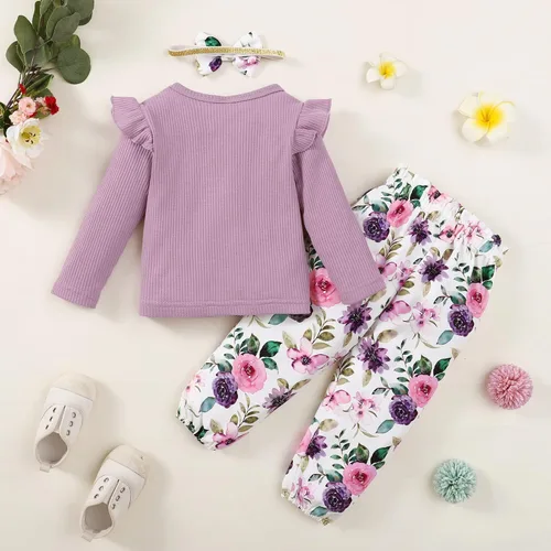 Miniatura 7 de YALLET Conjunto de 3 piezas de ropa de niña pequeña de color liso, manga larga con volantes, pantalones florales + diadema de 1 a 6 años