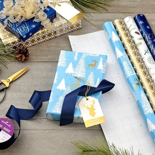 Miniatura 2 de Hallmark Paquete de papel de regalo para vacaciones con líneas de corte en el reverso, elegante bosque (paquete de 4, 120 pies cuadrados) Paz