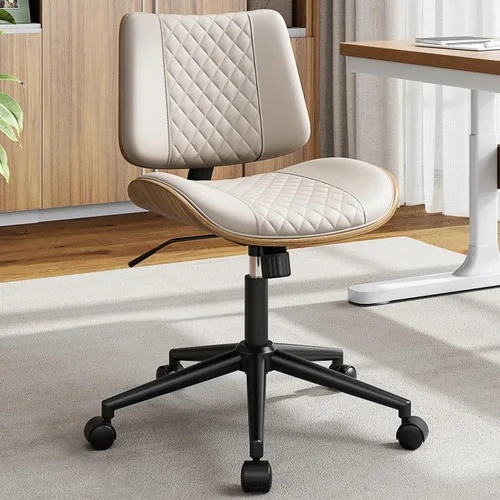 YaFiti Silla de oficina sin brazos, silla de escritorio moderna de mediados de siglo con respaldo de madera de nogal y elevación de gas SGS nivel 3,