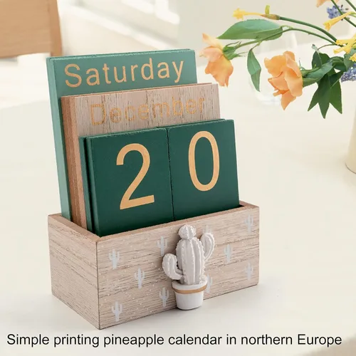 Miniatura 2 de Notakia Calendario perpetuo, calendario de madera para oficina en casa, accesorios de escritorio, calendario vintage de bloques de madera (verde)